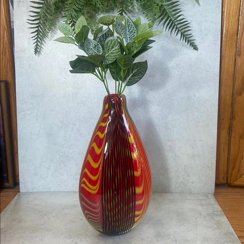 Large Art Glass Vase Red Yellow Swirl Murano Style 13” Statement Decor Heavy